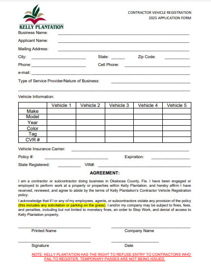 Kelly Plantation 2025 Contractors Form