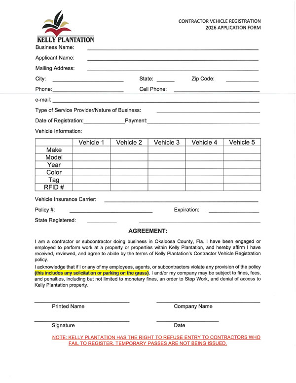 Kelly Plantation 2026 Contractor Vehicle Registration Form Small